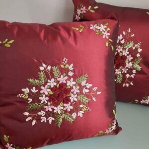 NWOT 16" Red Silk Pillows with Embroidered Flowers